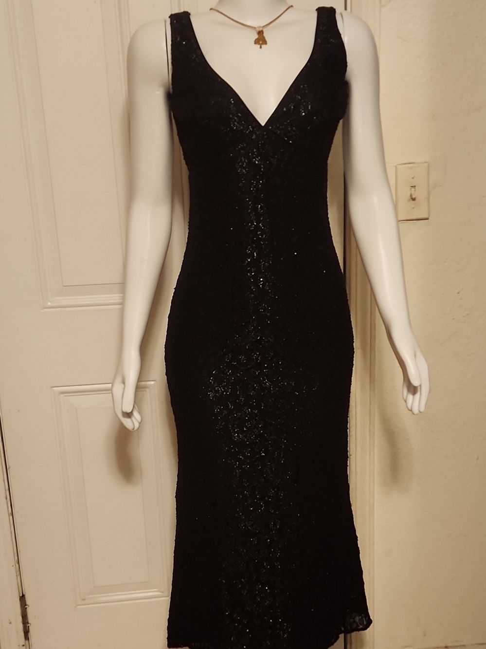 Black Sequin V-Neck Midi Dress